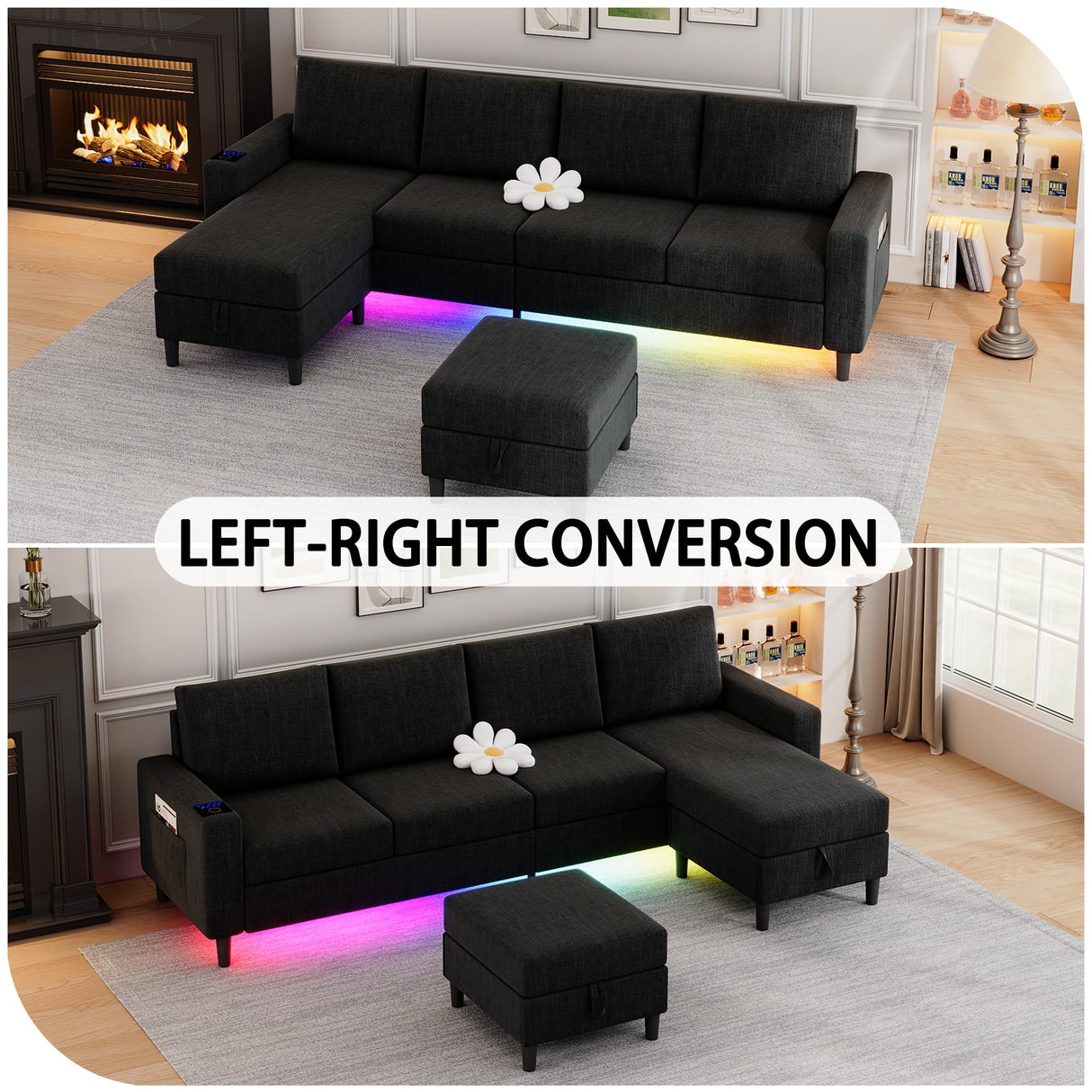 HYZQ Sectional Couches for Living Room, 4 Seat Linen Sectional Sofa with Reversible Chaise Lounge/Storage Ottoman, U Shaped Couch with Smart Module-Wireless Charging/USB/Type-C/RGB Light (Black) HYZQ