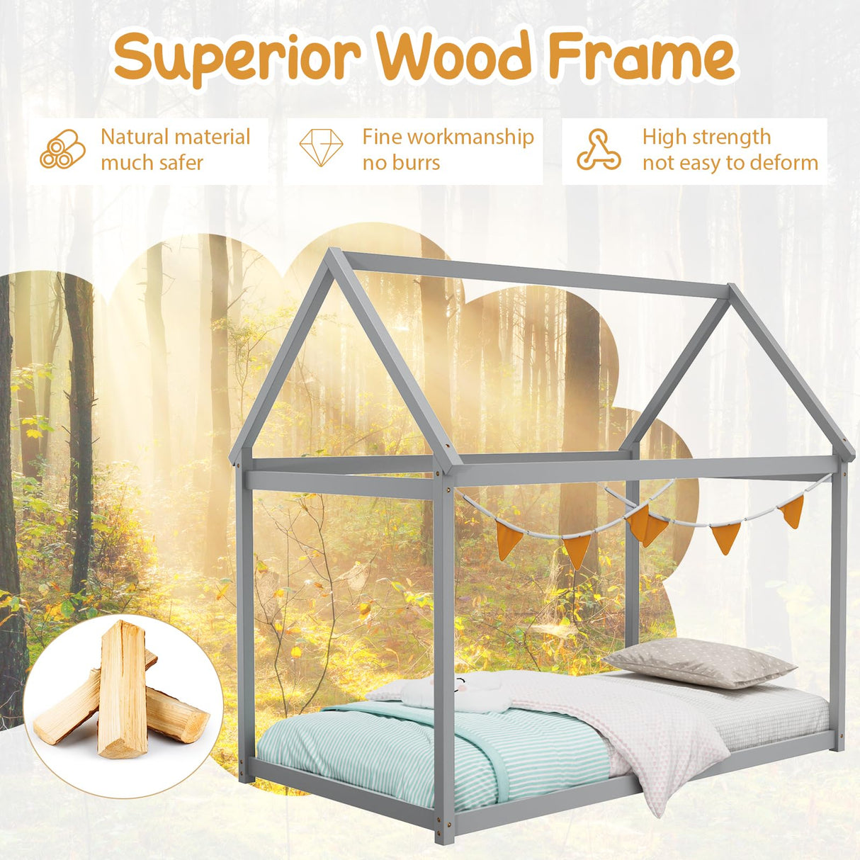 Giantex Twin House Bed Frame - Montessori-Inspired Wood Bed with Canopy Design for Kids and Teens in Grey Giantex