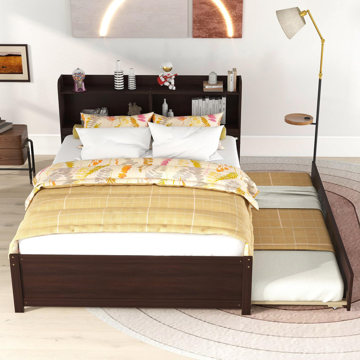 Full Size Bed Frame with Trundle and Storage Headboard,Full Size Trundle Bed with Bookcase for Kids,Bookcase Bed for Teens,Adults(Espresso) Bellemave