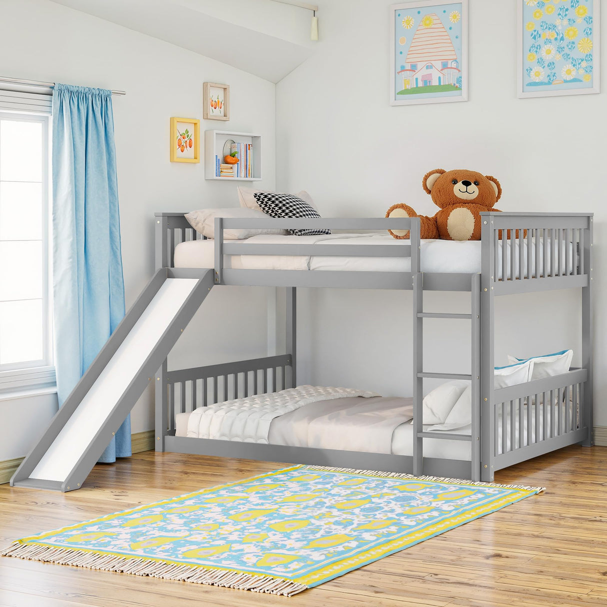 Osparple Full Over Full Bunk Bed, Kids Bunk Beds with Slide and Ladder, Wood Floor Bed Frames with Ladder for Teens, Girls or Boys, Gray/Grey Osparple