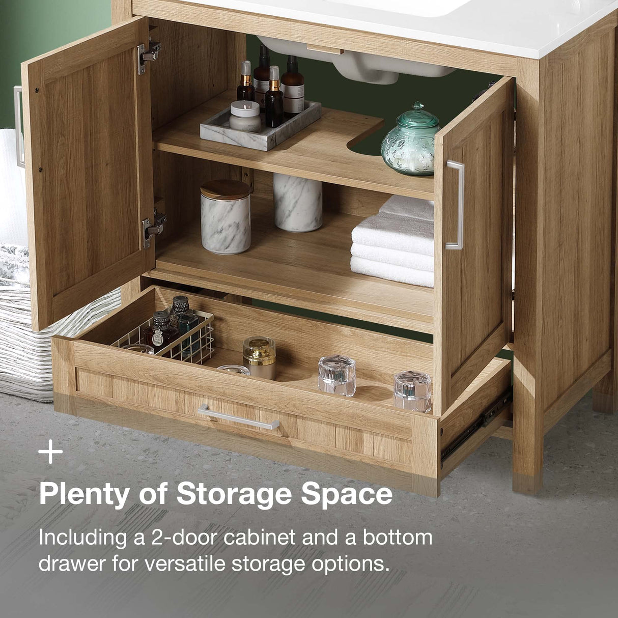 OVE Decors Kansas 24" Single Sink Bathroom Vanity Set with Countertop, Fully-Assembled | Ceramic Sink and Backsplash Included | 02 Doors, 01 Drawer, 24 inches, White Oak OVE Decors