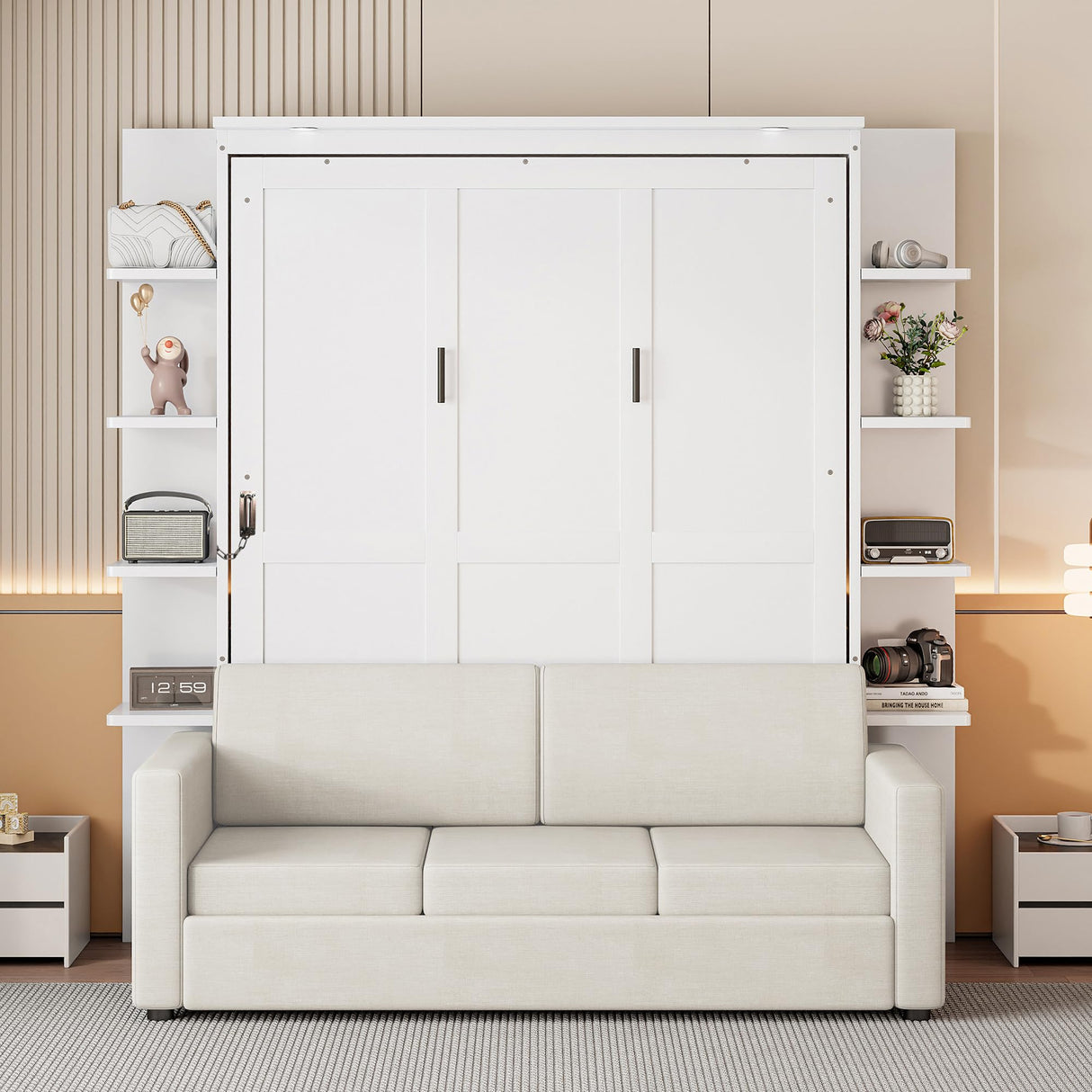 Polibi Queen Size Murphy Bed - Multi-Functional Wall Bed with Sofa Cushion, Folds into Cabinet, Ideal for Guest Room/Home Office/Gym, White Polibi