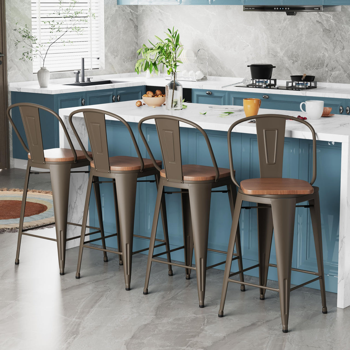 Alunaune 24" Swivel Metal Counter Height Bar Stools Set of 4 High Back Industrial Bar Chairs Kitchen Barstools with Large Wooden Seat-Rusty Alunaune