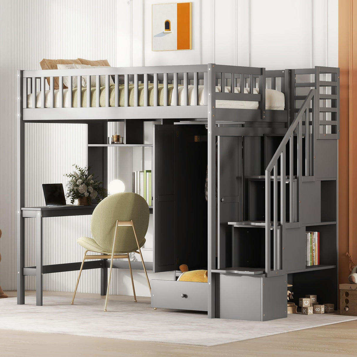 NicBex Loft Bed with Desk Loft Bed with Desk and Storage Queen Bed Frame with Storage Bunk Bed with Desk Underneath The Lower Level is a Wardrobe Suitable for Families with Many Children, Gray NicBex