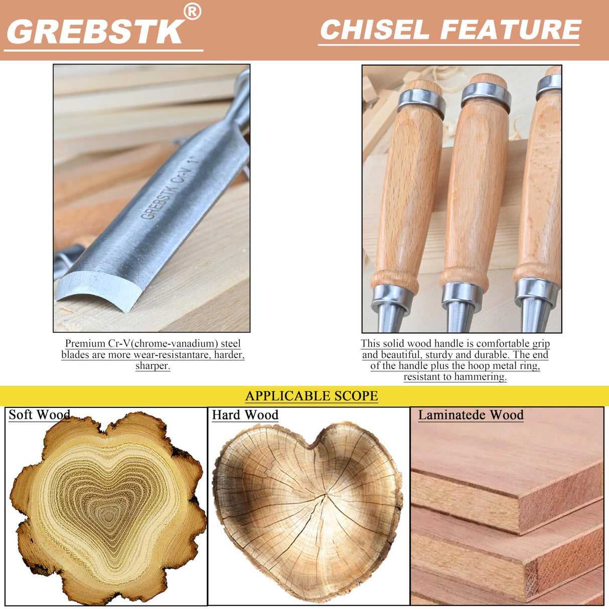 GREBSTK 4pcs Semicircle Chisel Set Carpenter Gouge Chrome Vanadium Steel Semi-Circular Cr-V Woodworking Carving Chisel GREBSTK