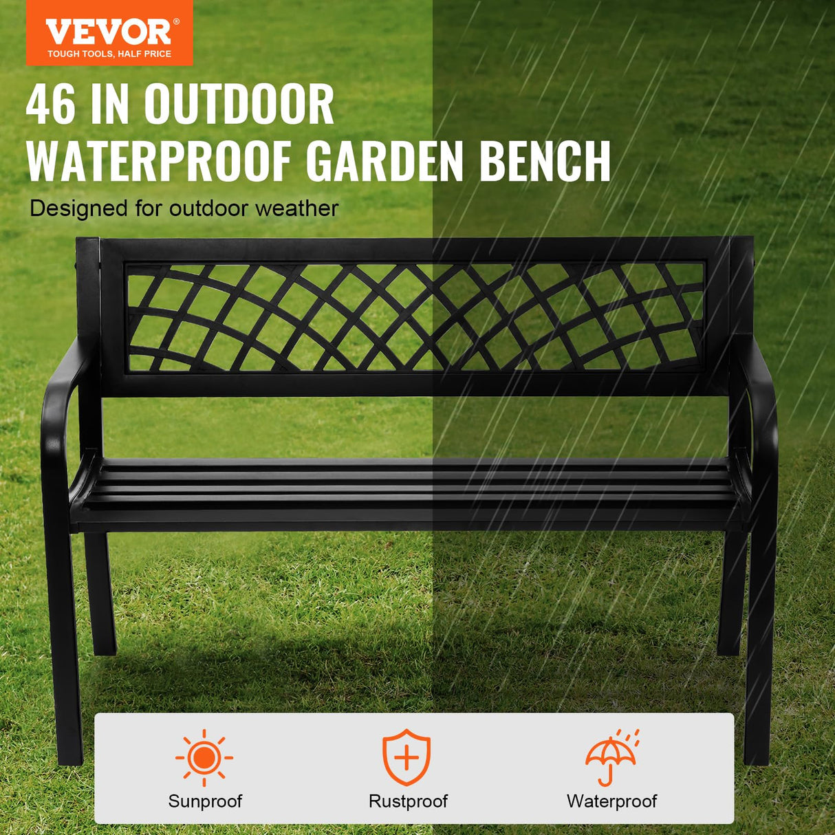 VEVOR Outdoor Bench, 46" Iron Steel Frame Garden Park Bench with Mesh Pattern and Plastic Backrest Armrests, Patio Bench for Garden, Park, Yard, Front Porch VEVOR
