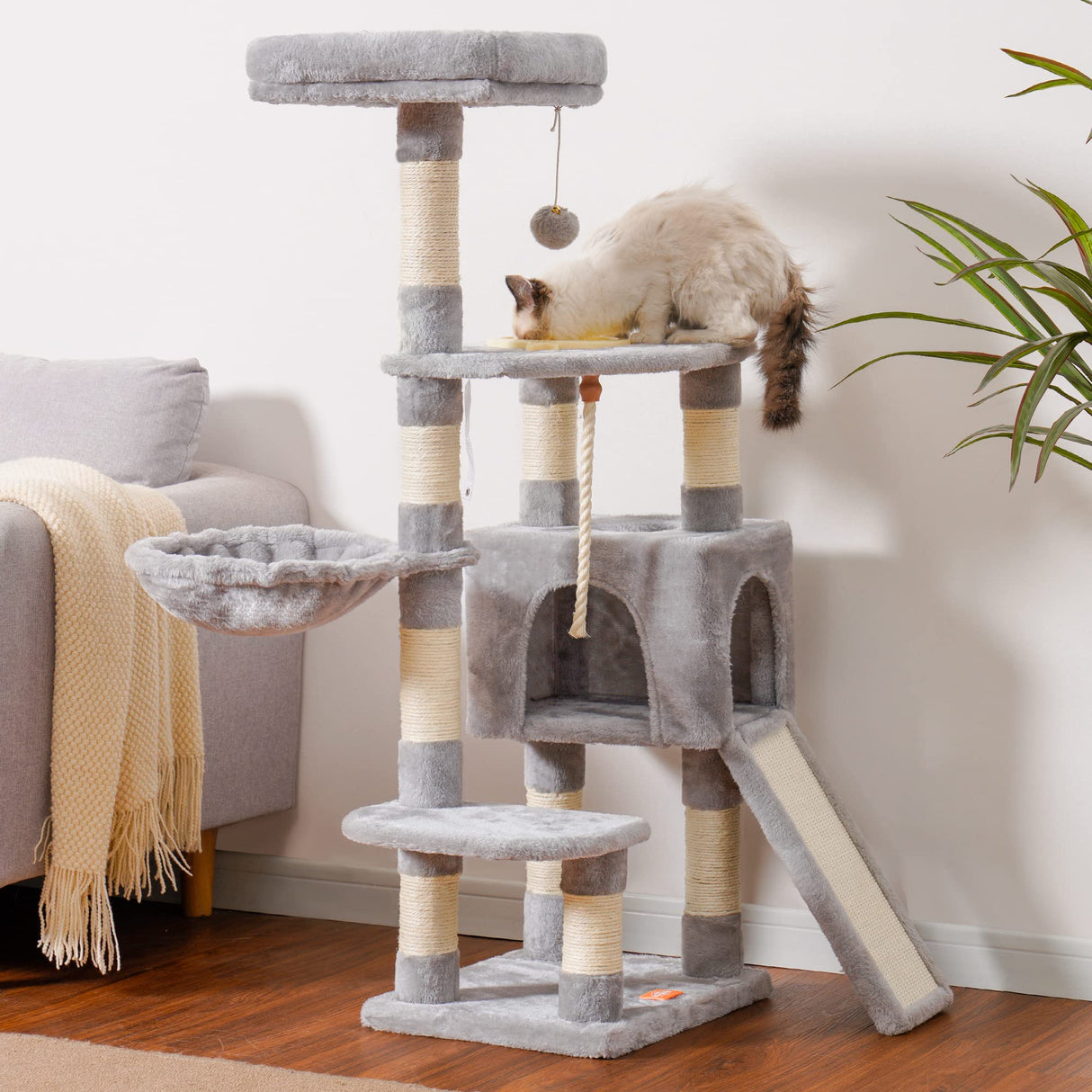 Heybly Cat Tree, Cat Tower for Indoor Cats with Scratching Board, Multi-Level Cat Furniture Condo with Feeding Bowl Light Gray HCT010SW Heybly