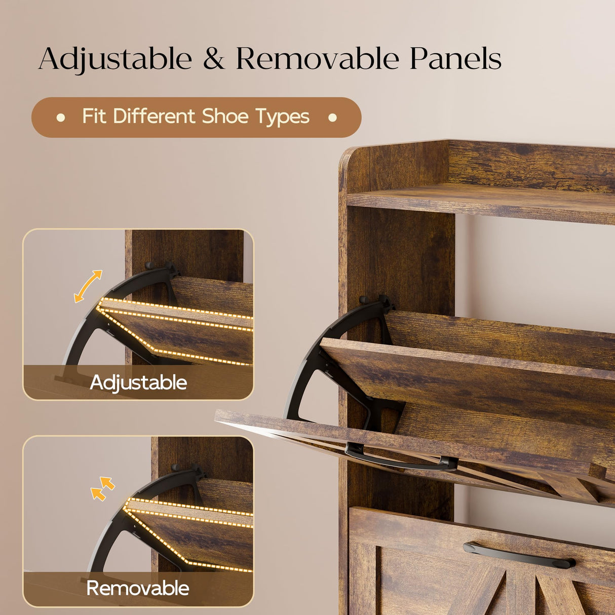 MU Shoe Storage Cabinet with 4 Flip Drawers, Freestanding Shoe Cabinet, Shoe Organizer with Wood Legs for Entryway, Slim Shoe Cabinet, Rustic MU