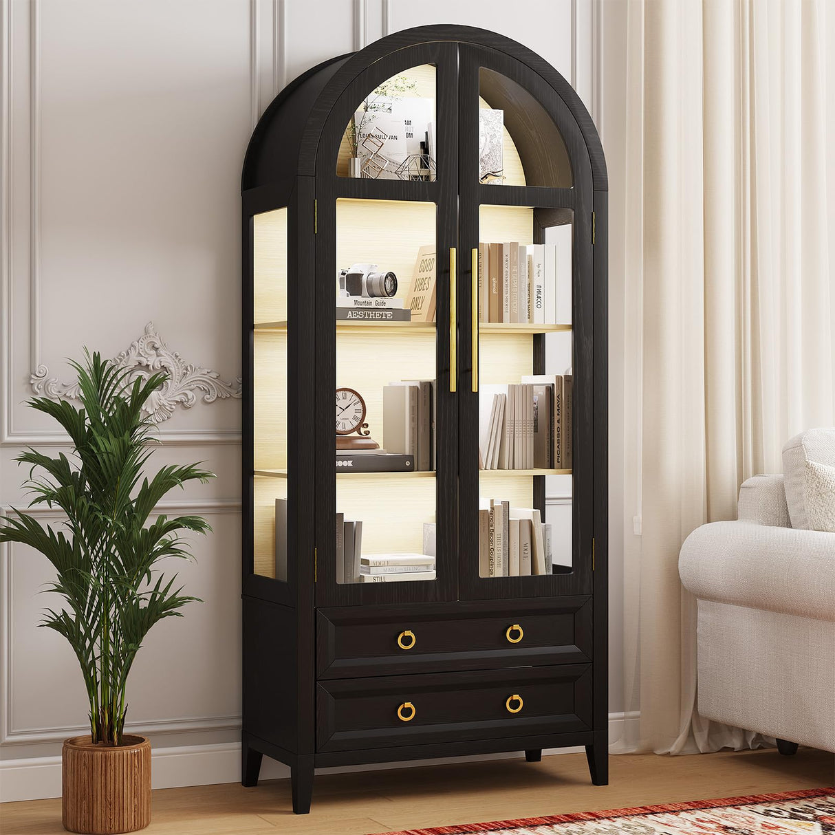 LVSOMT 71" Tall Arched Storage Cabinet with Glass Doors and Drawers, Curio Display Cabinet with Adjustable LED Light & Human Sensor, 4-Tier China Cabinet for Living Room(Black+Wood) LVSOMT