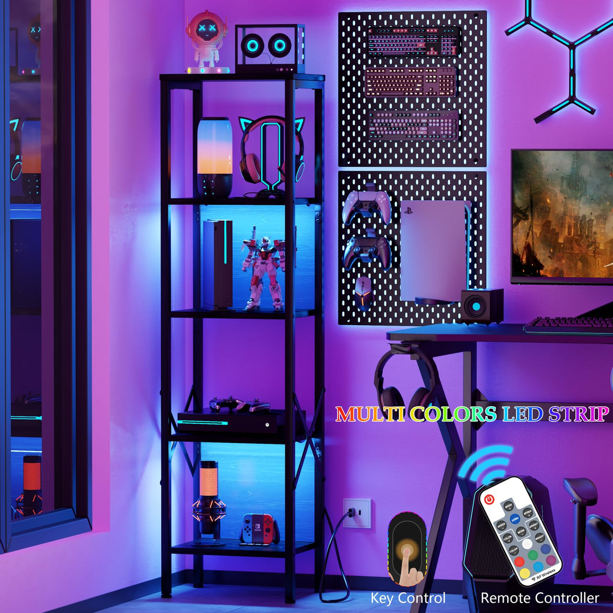 Furologee 5-Tier LED Bookshelf in Black Oak - Narrow Industrial Bookcase with Back Panel for Home and Office Furologee