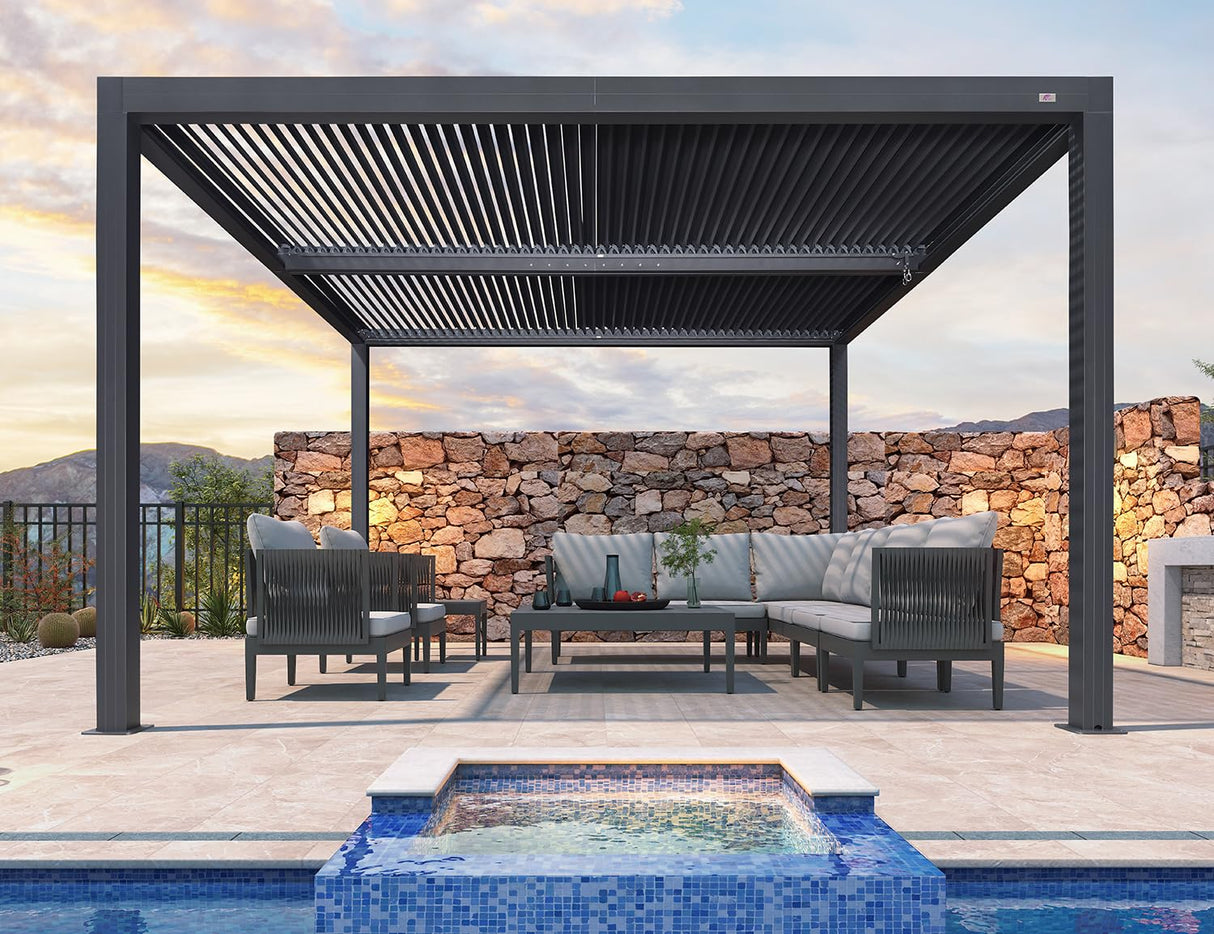 PURPLE LEAF Louvered Pergola 94AS 12' x 12' Outdoor Aluminum Pergola with Adjustable Roof for Deck Backyard Garden Grey Hardtop Gazebo PURPLE LEAF