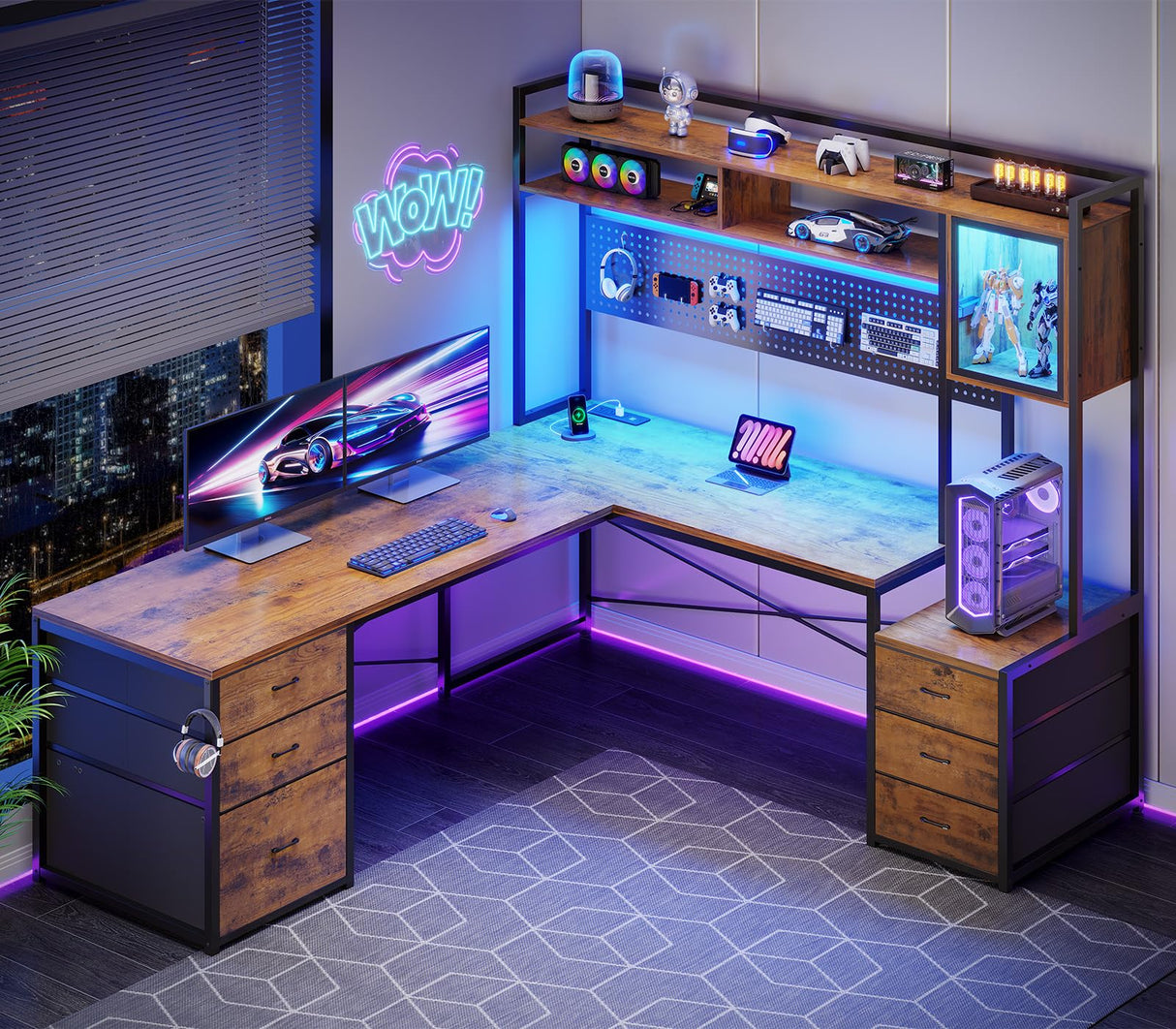 SEDETA L Shaped Gaming Desk with 6 Drawers, Reversible Computer Office Desk with File Drawer, Hutch, Storage Shelves, Gaming Corner Desk with Led Lights, Power Outlet for Two Person, Rustic Brown SEDETA