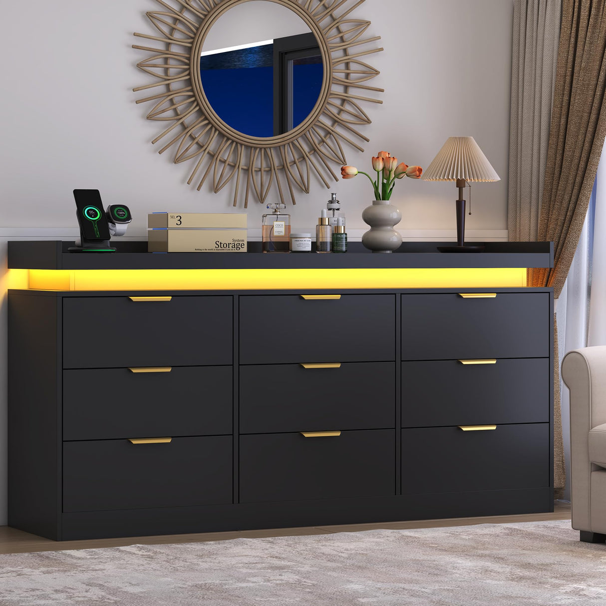 UNIQUITE 9 Drawer Dressers for Bedroom, Black Dresser with LED Light and Power Outlet, Modern Large Dresser & Chests of Drawers, Wood Triple Wide Dressers for Bedroom, Living Room, Entryway, Hallway UNIQUITE