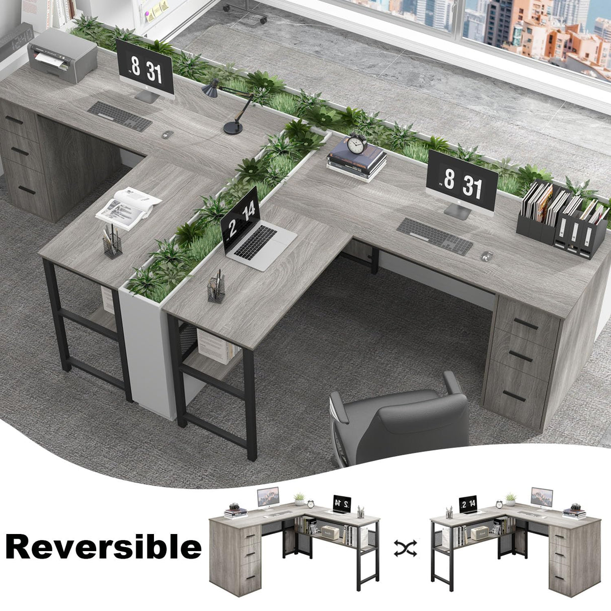 LVB Reversible Gray L Shaped Corner Desk, Farmhouse Wood Computer Desk with File Drawers Cabinets, Large Work Study Executive Home Office Desk with Storage Shelves for Bedroom, Light Grey Oak, 59 Inch LVB