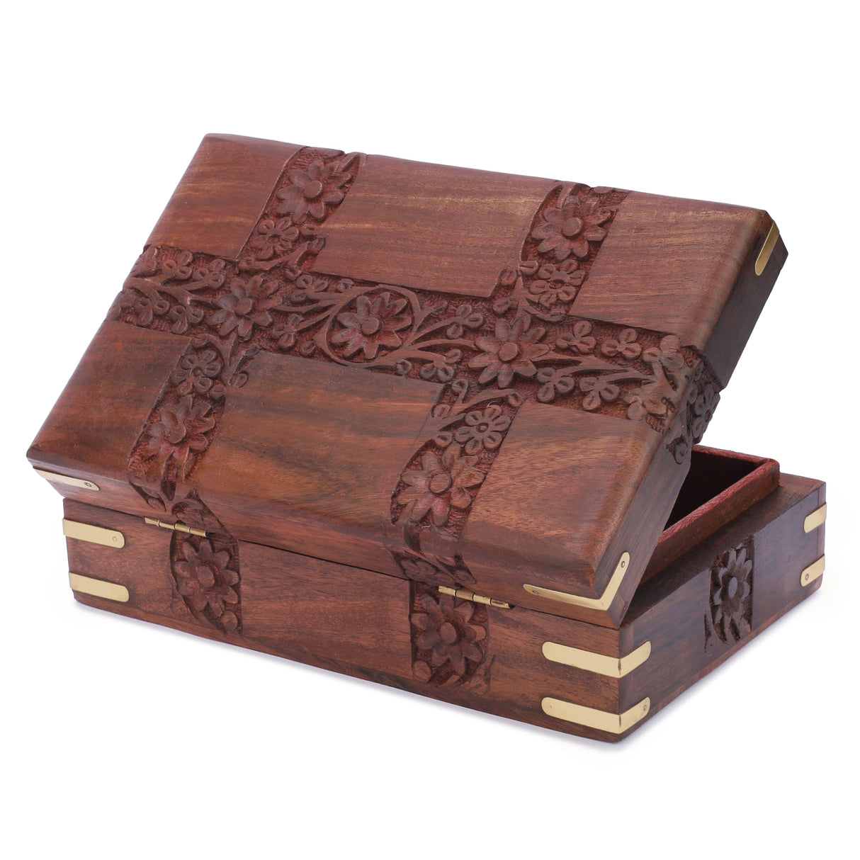 Ajuny Beautiful Wooden Handcrafted Decorative Jewelry Storage Box Patti Leaf Flower Carvings Multipurpose Treasure Chest Organizer Travel Keepsake Trinket Holder Watch Box Gift Ajuny