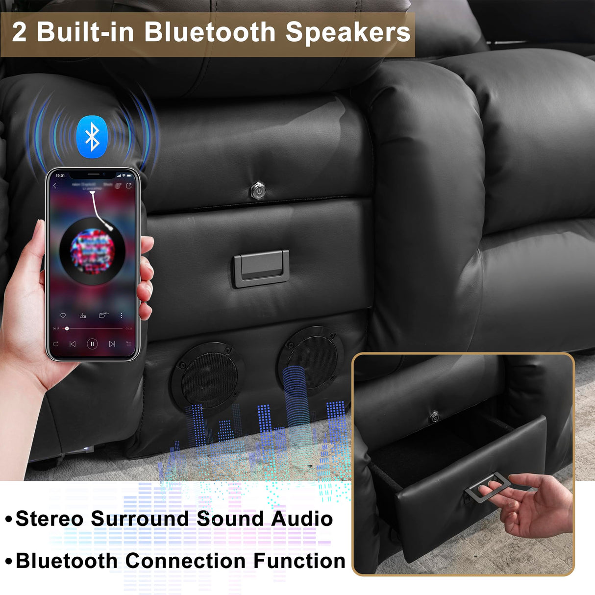 URRED Power Reclining Loveseat Sofa with Console, RV Couch Loveseat Recliner Sofa with Massage & Heat, LED Light, Cupholders, Bluetooth Speakers, USB Charge Ports, Outlets, Faux Leather, Black URRED