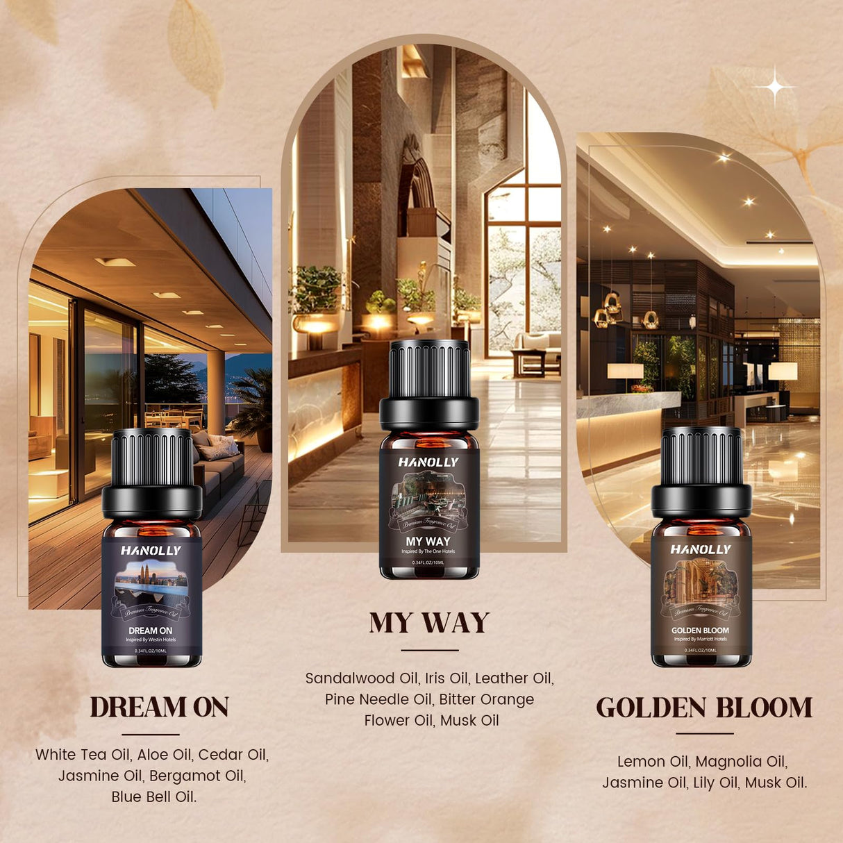Hotel Diffuser Oils Gift Set - 6x10ML Luxury Hotel Scent Essential Oils Set for Diffuser, Candle Making - Premium Fragrance Oil, My Way, Ember, Dream On, Serene Coast, Midnight Velvet, Golden Bloom Hanolly