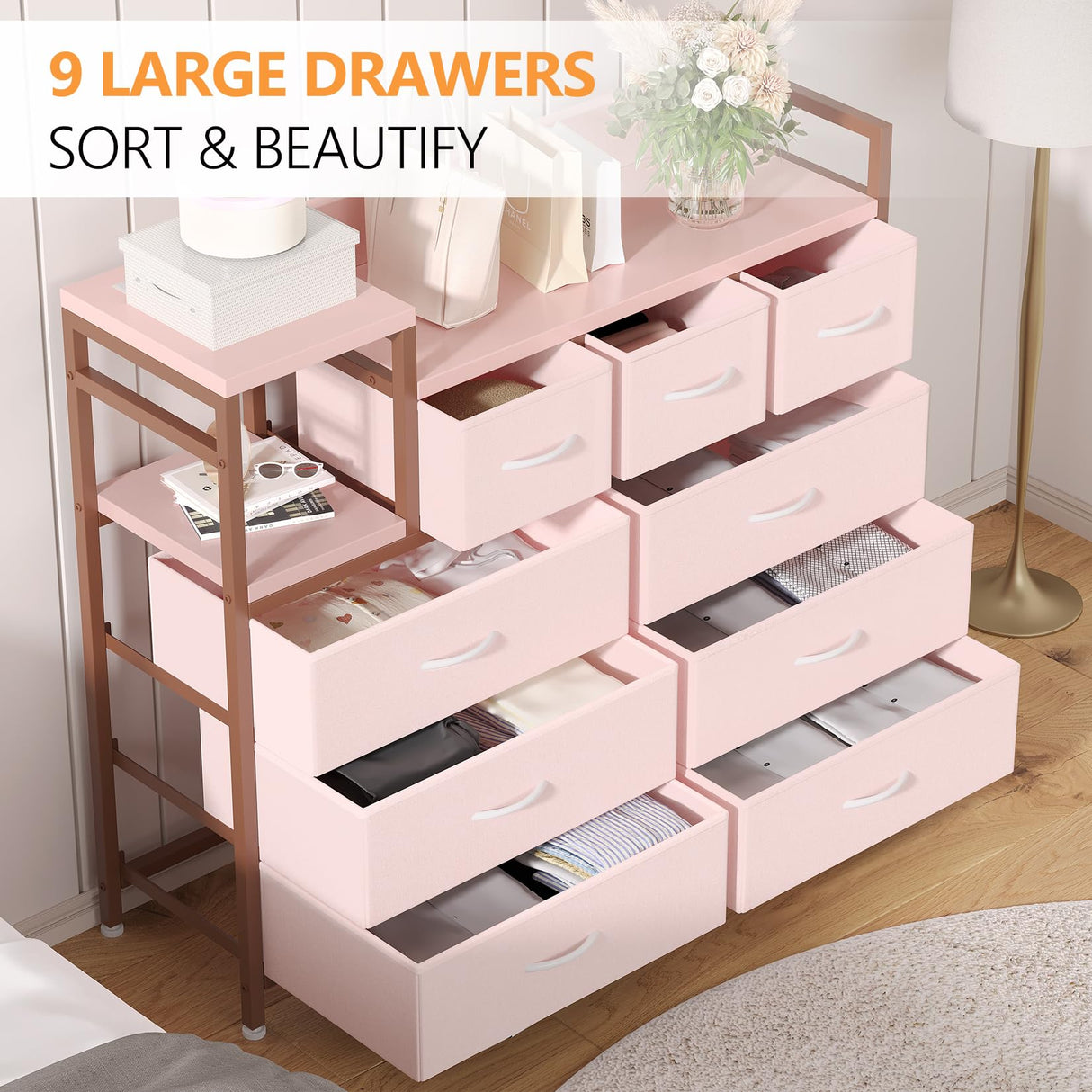 GarveeHome Dresser for Bedroom with 9 Drawer, Tv Stand with Charging Station, Fabric Chest of Drawers for Bedroom Dresser for Modern Design, Pink GarveeHome