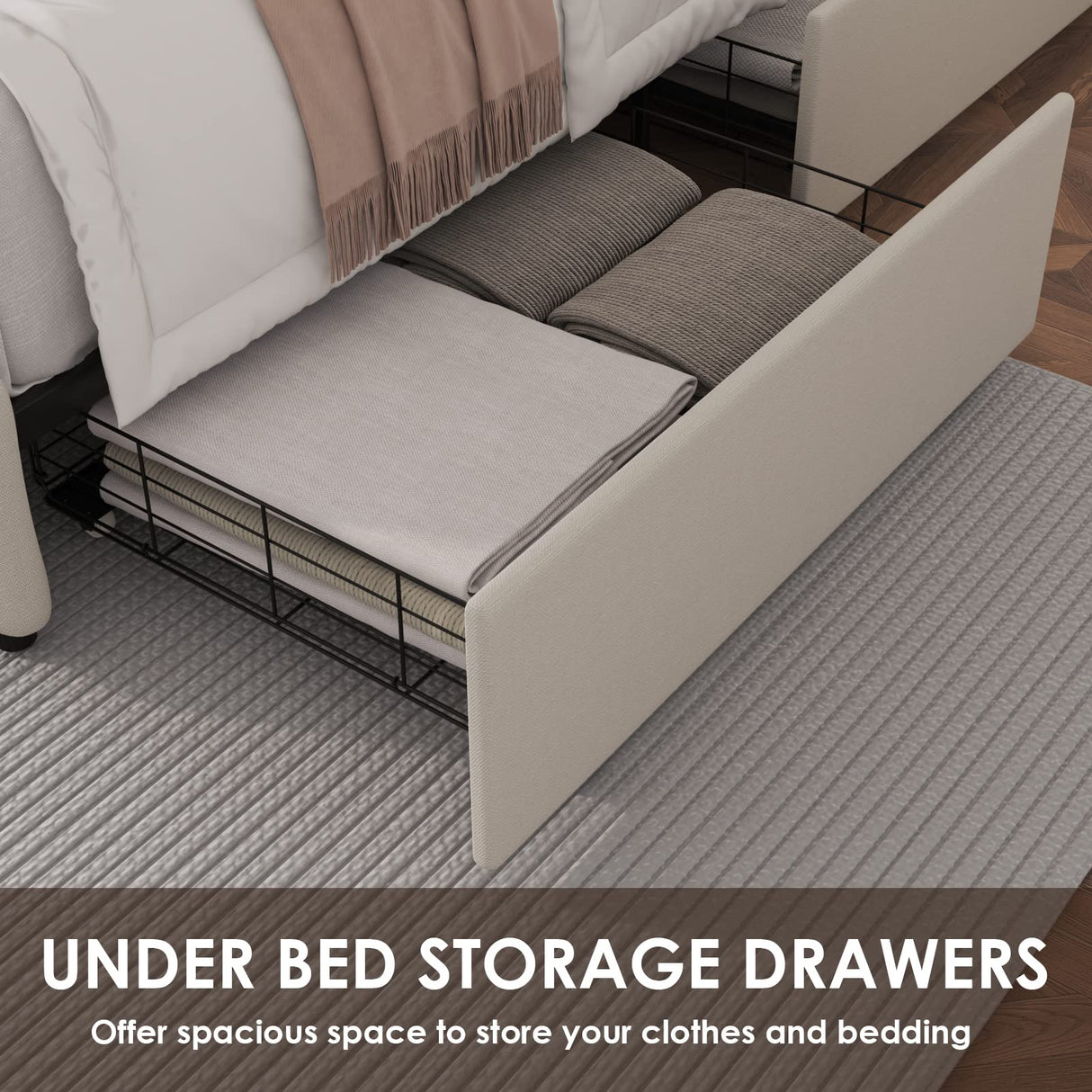 Full Size Bed Frame with 4 Storage Drawers and Adjustable Headboard, Upholstered Platform Bed with Button Tufted Design, Strong Wooden Slats Support, No Box Spring Needed, Fabric, Cream TTVIEW