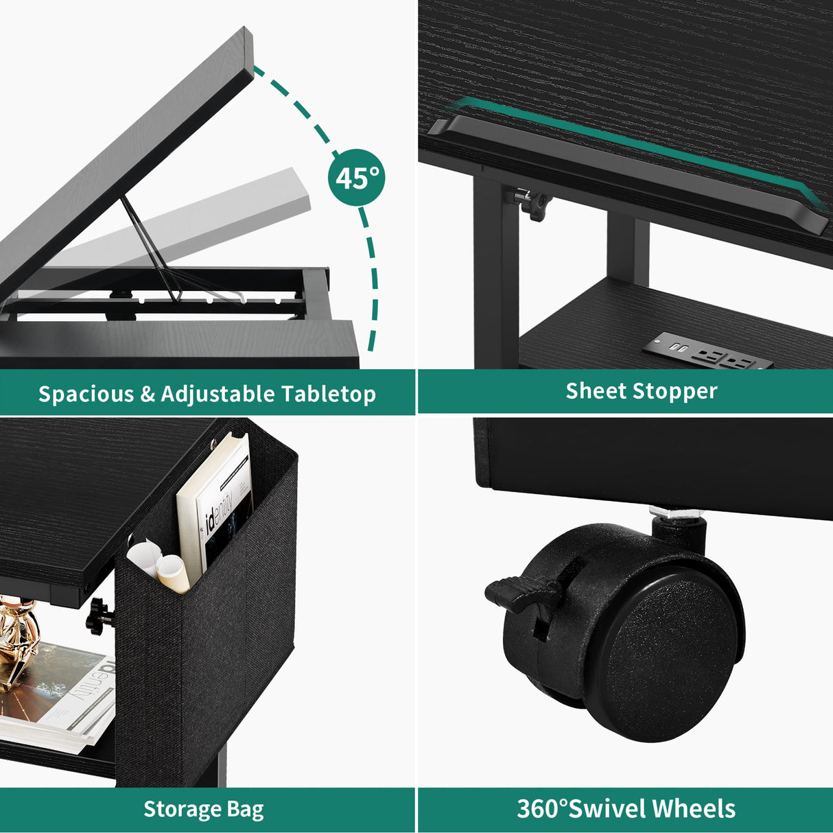 YITAHOME Height Adjustable Table with Charging Station, Portable Desk with Wheels, Small Standing Rolling Computer Desk with Tiltable Tabletop and Storage Bag, Black YITAHOME
