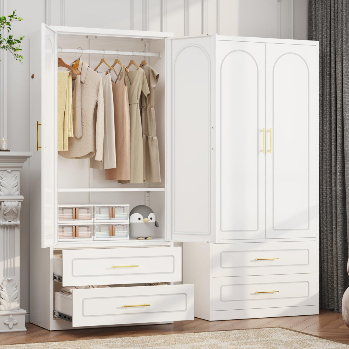 Kubohogar Metal Armoire Wardrobe Closet with 2 Drawers, 71" Tall Wardrobe Cabinet with Doors, Hanging Rod and Adjustable Shelves, White Clothing Storage Cabinets for Bedroom, Home Office Kubohogar