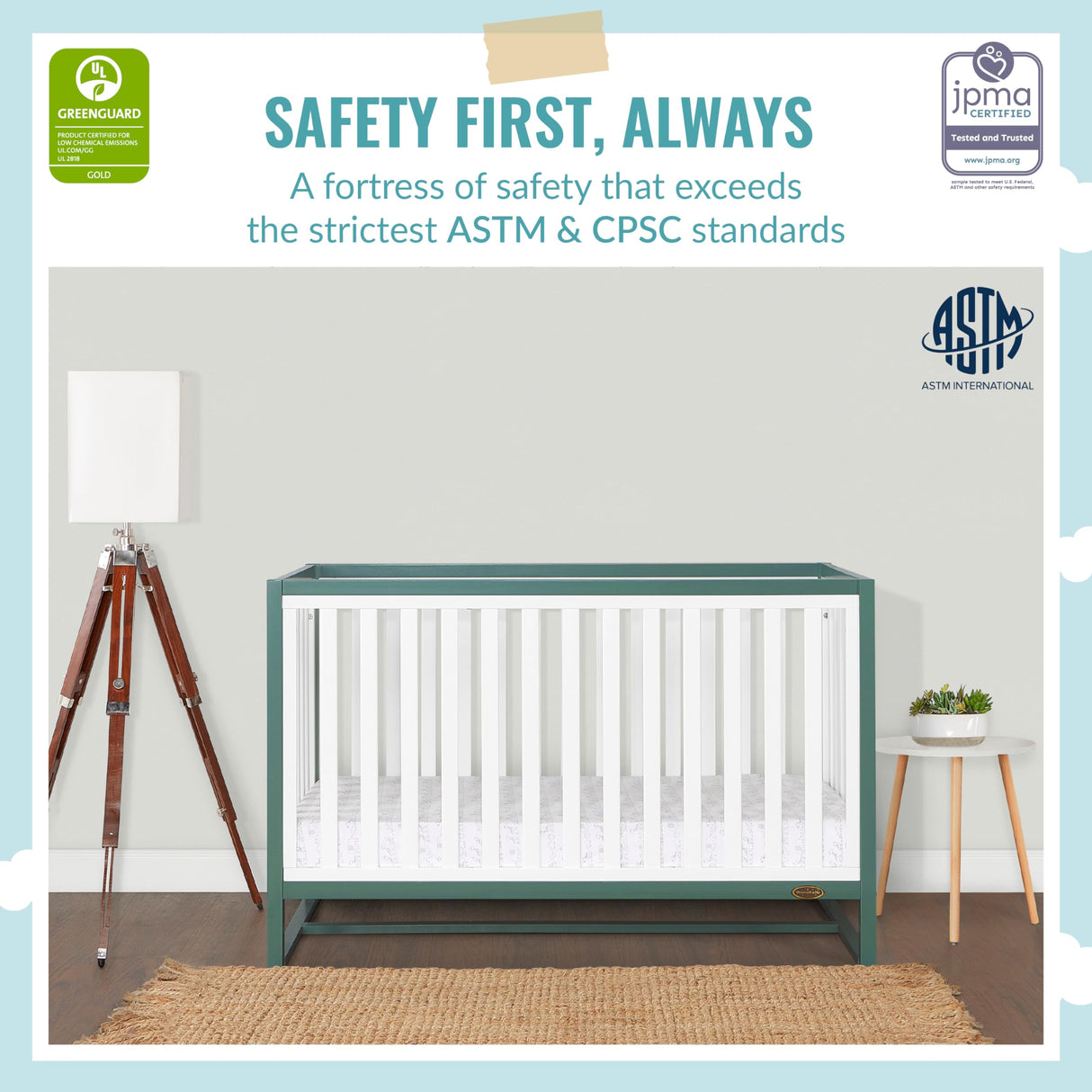 Dream On Me Arlo 5-in-1 Convertible Crib in Jungle Green, JPMA Certified, 3 Mattress Height Settings, Non-Toxic Finish, Made of Sustainable and Sturdy Pinewood Dream On Me
