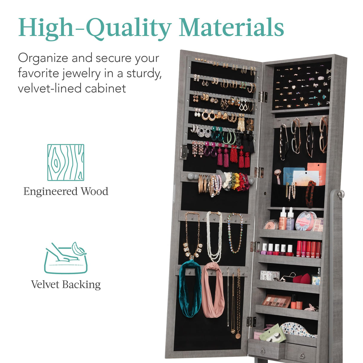 Best Choice Products Freestanding Jewelry Armoire Cabinet, Full Length Standing Mirror, Lockable Makeup Storage Organizer, w/Velvet Lining, 3 Angles, Lock, Accessory Pouch, 5 Shelves - Gray Oak Best Choice Products
