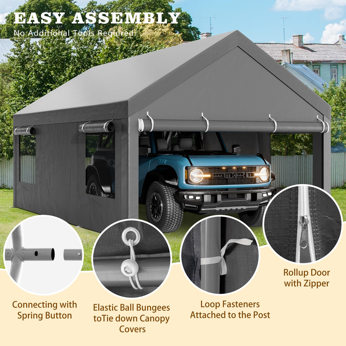 Walsunny Carport, 12x20 ft Heavy Duty Carport Canopy with Roll-up Windows, Portable Garage with Removable Sidewalls & Doors, Car Canopy with All-Season Tarp for Car, Truck, Boat Walsunny