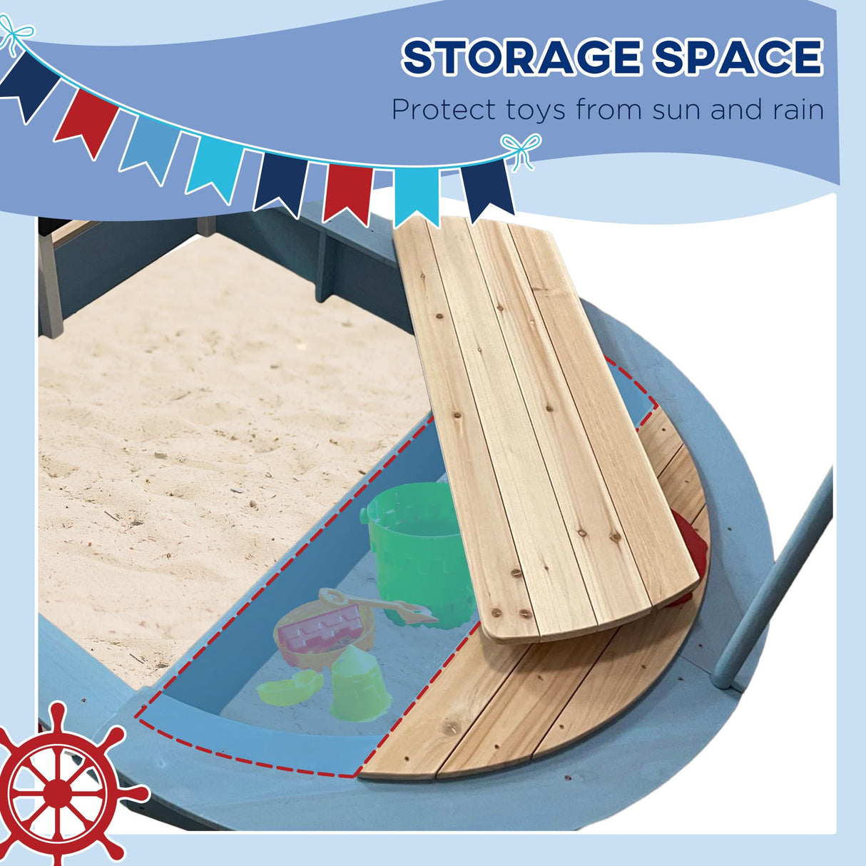 Outsunny Kids Wooden Sandbox, Pirate Ship Sand Pit with Flag, Blackboard, Rudder, Anchor Sign, Storage Deck for Backyard Garden, Gift for Age 3-7 Years, 68" x 44" x 39", Blue Outsunny
