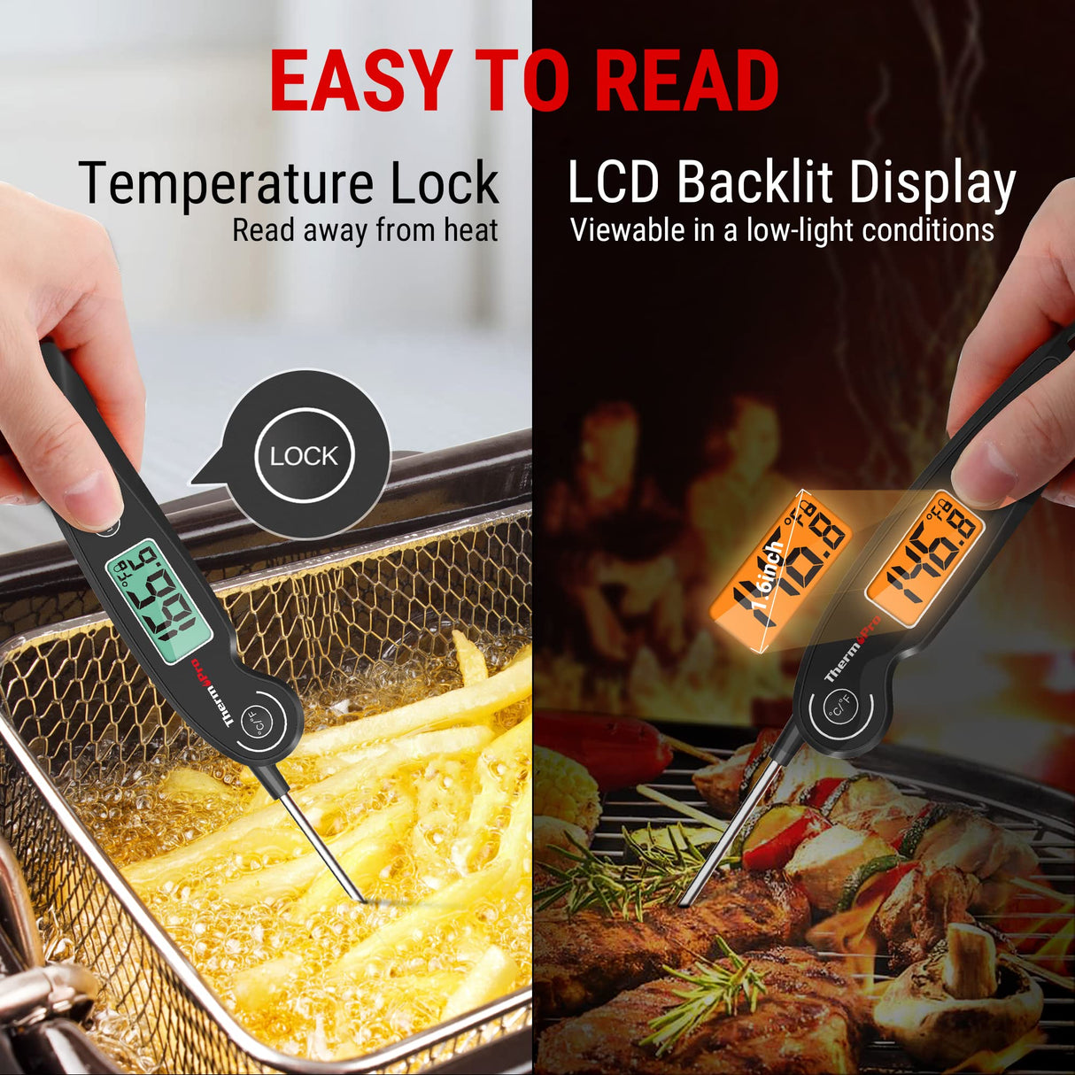 ThermoPro TP605 Instant Read Meat Thermometer Digital for Cooking, Waterproof Food Thermometer with Backlight & Calibration, Digital Probe Cooking Thermometer for Kitchen, Outdoor Grilling and BBQ ThermoPro
