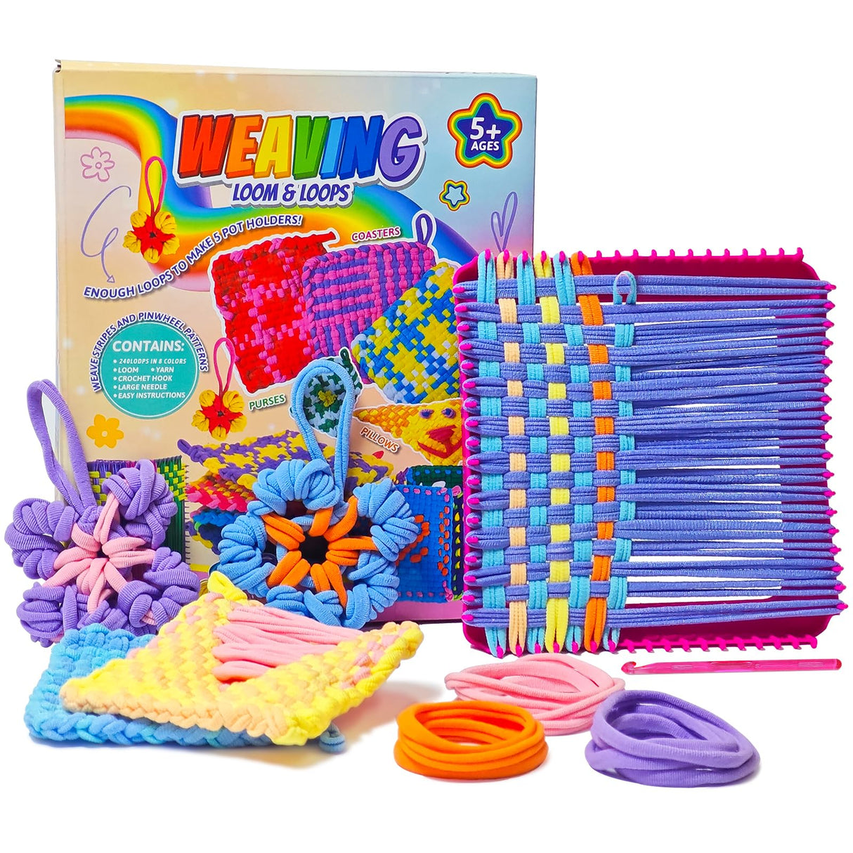 ZJEFUNS Weaving Loom Kit Toys for Kids and Adults DIY Arts and Crafts for Girls Ages 5 6 7 8 9 10 12, Pot Holder Loom Knitting Kits Includes 8 Color Craft Loops for Beginners ZJEFUNS