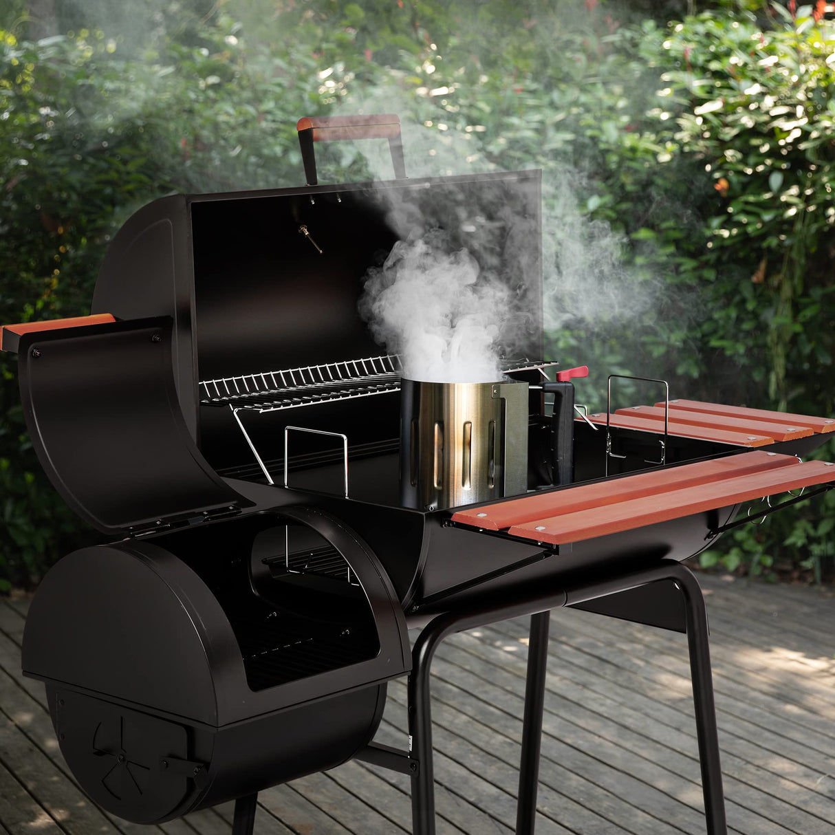 Royal Gourmet CC1830W 30-Inch Charcoal Grill with Offset Smoker and Wood-Painted Side Table, Outdoor Smoker Grill with 811 Sq. In. Cooking Area for Outdoor Barbecue Event, Black Royal Gourmet