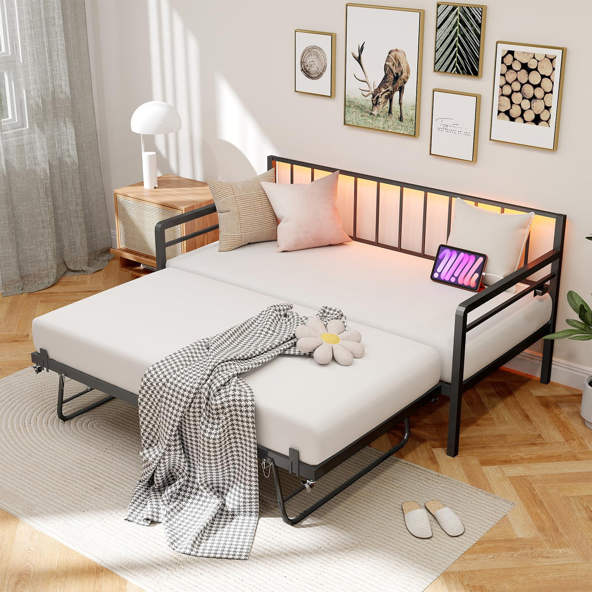 Zevemomo Twin Daybed with Pop Up Trundle, Metal Day Bed Frame with LED Lights and Charging Station, Day Bed with Trundle Bed Twin, Black Daybed for Living Room, Bedroom, Guest Room Zevemomo
