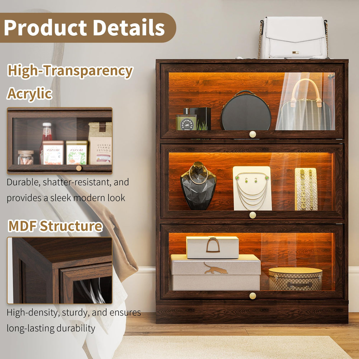 Boniture Display Cabinet with Acrylic Glass Doors,3-Tiers Curio Cabinet with LED Lighting for Collectibles, Collectibles Toy Organizers Rack & Display Shelf Display Case Storage Cabinet,Walnut BONITURE