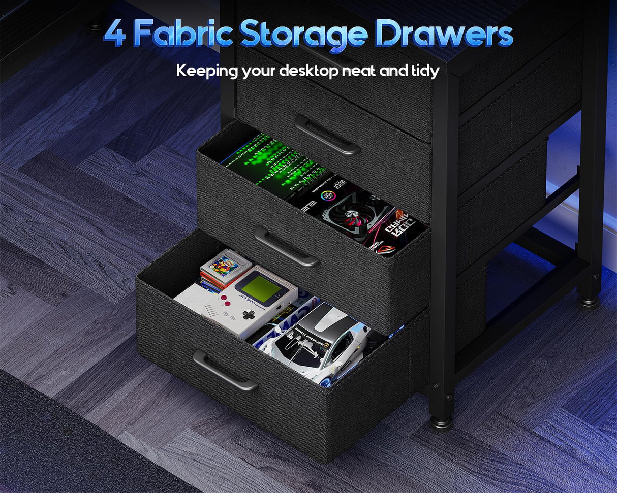 MOTPK L Shaped Gaming Desk with Shelf & 4 Drawers, 43" Reversible Computer Desk with LED Light, Home Office Table with Hutch and Hook, Black MOTPK