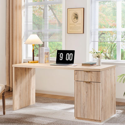 JXQTLINGMU 60" Modern Executive Desk with Storage, Wood Home Office Desk with Drawer & Cabinet, Fluted Computer Writing Desk for Study, Living Room, Bedroom, Antique White