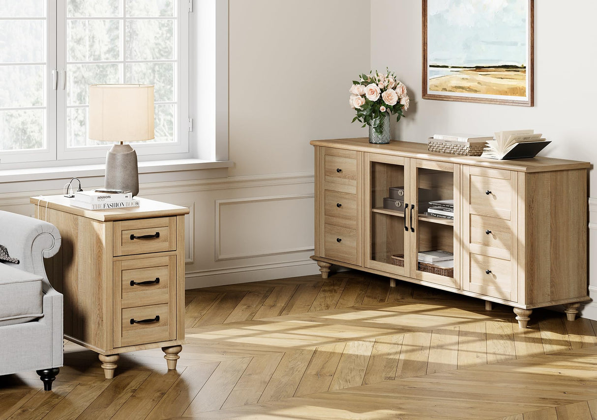 WAMPAT Sideboard Buffet Cabinets with Glass Door, Kitchen Storage Cabinets, Wood Coffee Bar Tables, Accent Sideboard Storage Cabinet Table Dining Room, Living Room,Oak WAMPAT