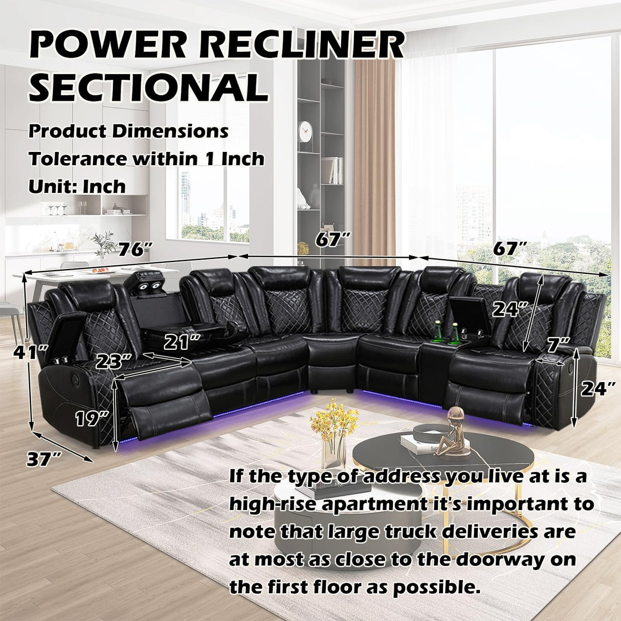 SIENWIEY Power Reclinier Sectional Sofa,Black Leather Reclining Sectional Modular Sofa,L Shaped Leather Couch with LED Lights/USB Charger/Cup Holders/Storage Console/Storage Armrest/Coffee Table(L) SIENWIEY