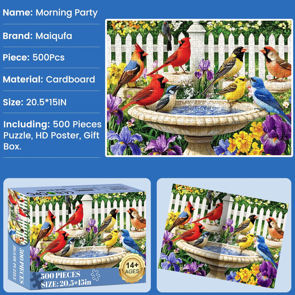 500 Pieces Puzzle for Adults | Bath Birds Large Piece Puzzle | Recycled Cardboard Jigsaw Puzzle 500 Pieces | Challenging Game Home Decor Birthday Party Gift Toy for Adults Kids Seniors 20.5 * 15 in Maiqufa
