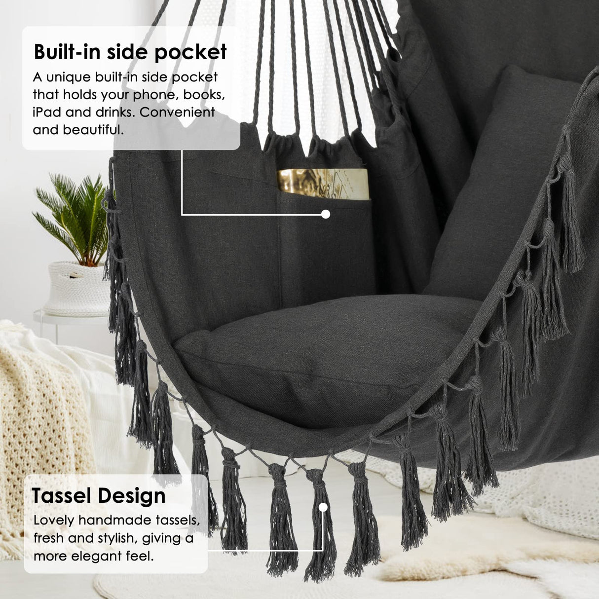 Y- STOP Hammock Chair Hanging Rope Swing, Max 500 Lbs, 2 Cushions Included, Large Macrame Hanging Chair with Pocket, Cotton Weave for Superior Comfort, Durability (Dark Grey) Y- STOP