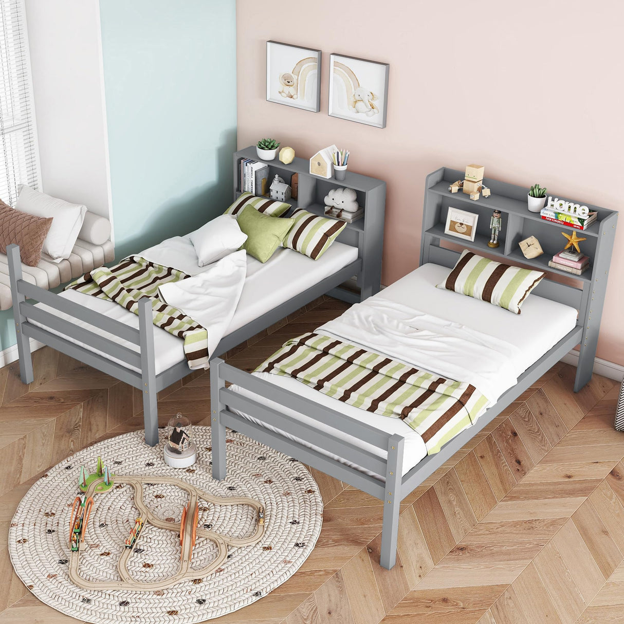 JIJIWANG Twin Over Twin Bunk Bed with Bookcase and Storage Solid Wood Bunk Beds Frame with Shelves, Convertible to 2 Beds, Grey JIJIWANG