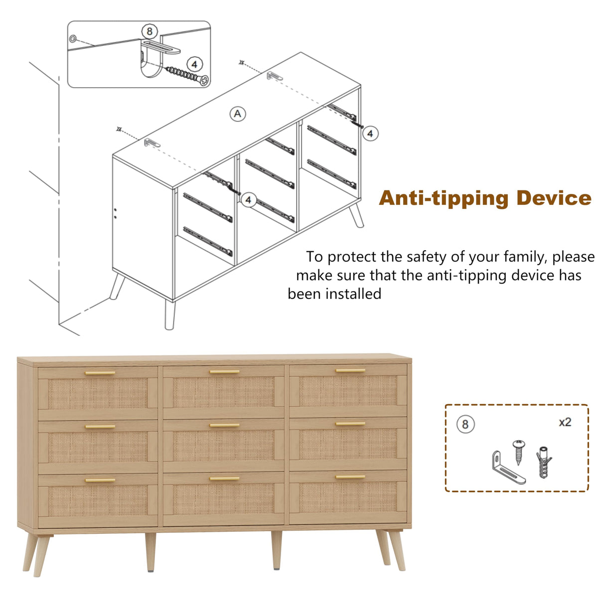 Rovaurx 9 Drawer Double Dresser for Bedroom, Rattan Chest of Dressers, Modern Wooden Dresser Chest with Golden Handles, Beside Table for Closet, Living Room and Entryway, Natural Rovaurx