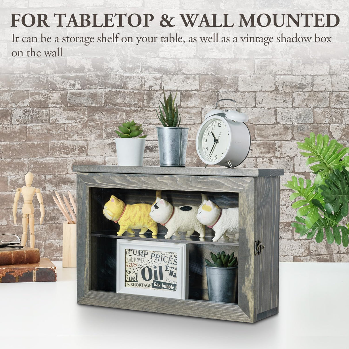 MyGift 15 x 11 inch Wall Mounted Vintage Gray Solid Wood Display Case, Hanging Shadow Box with Clear Viewing Panel on Hinged Door, Metal Latch and MyGift