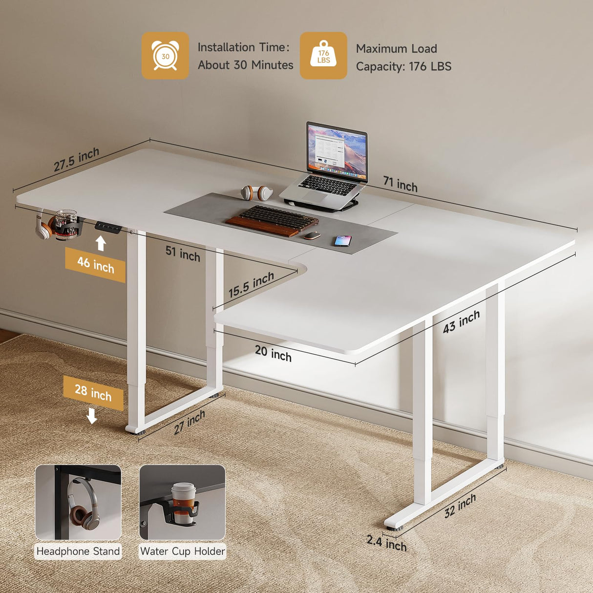 ONBRILL Standing Desk, 71x43 Inches L Shaped Desk with 4 Legs, Dual Motor and Memory Controller, Electric Stand Up Desk Adjustable Height from 28-46 Inches for Computer Workstation White ONBRILL
