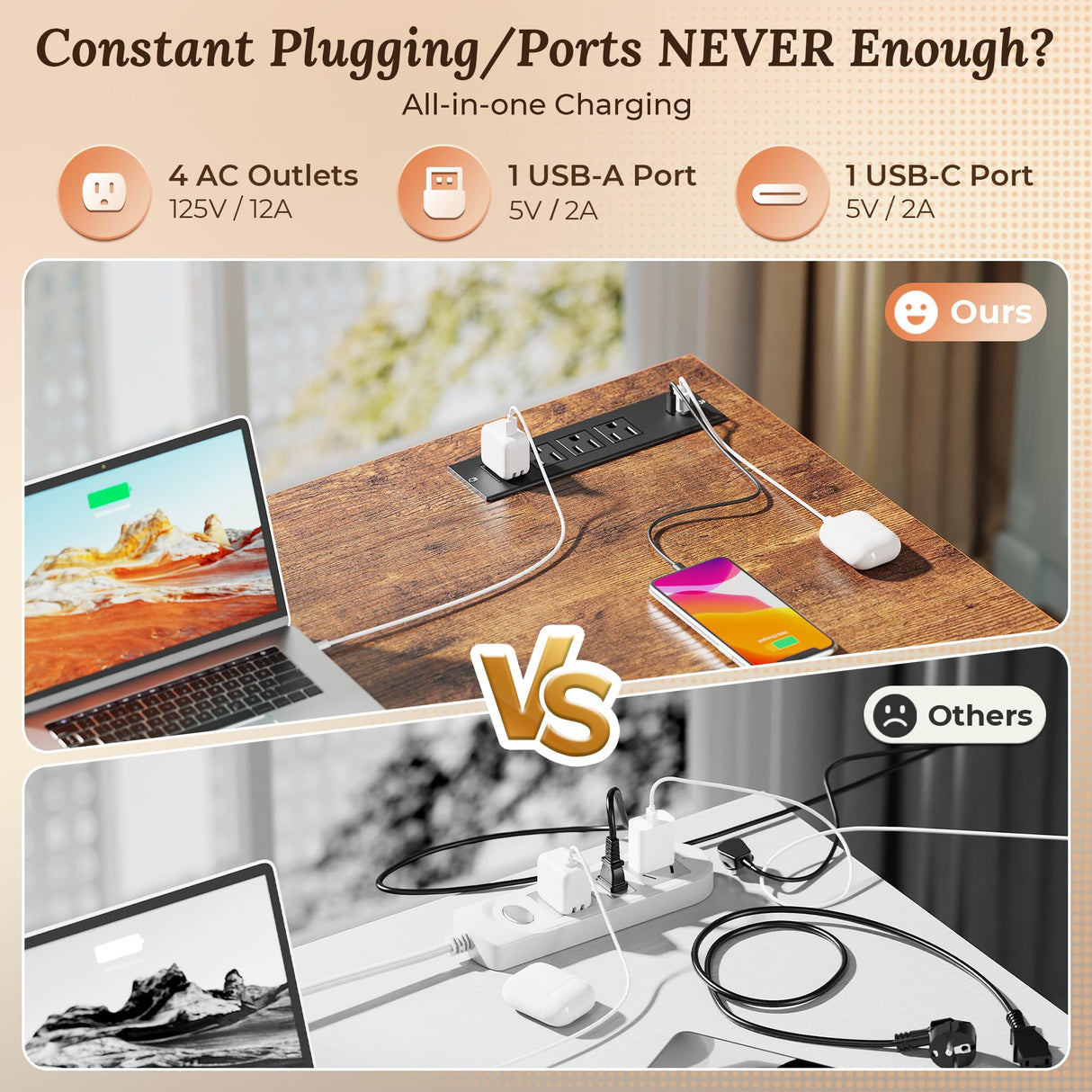 PRAISUN 47 Inch Office Desk with Outlets, Computer Desk with 9 Fabric Drawers, Writing Gaming Work Study Desk for Bedroom, Living Room, Home Office, Large Storage, Rustic Brown PRAISUN