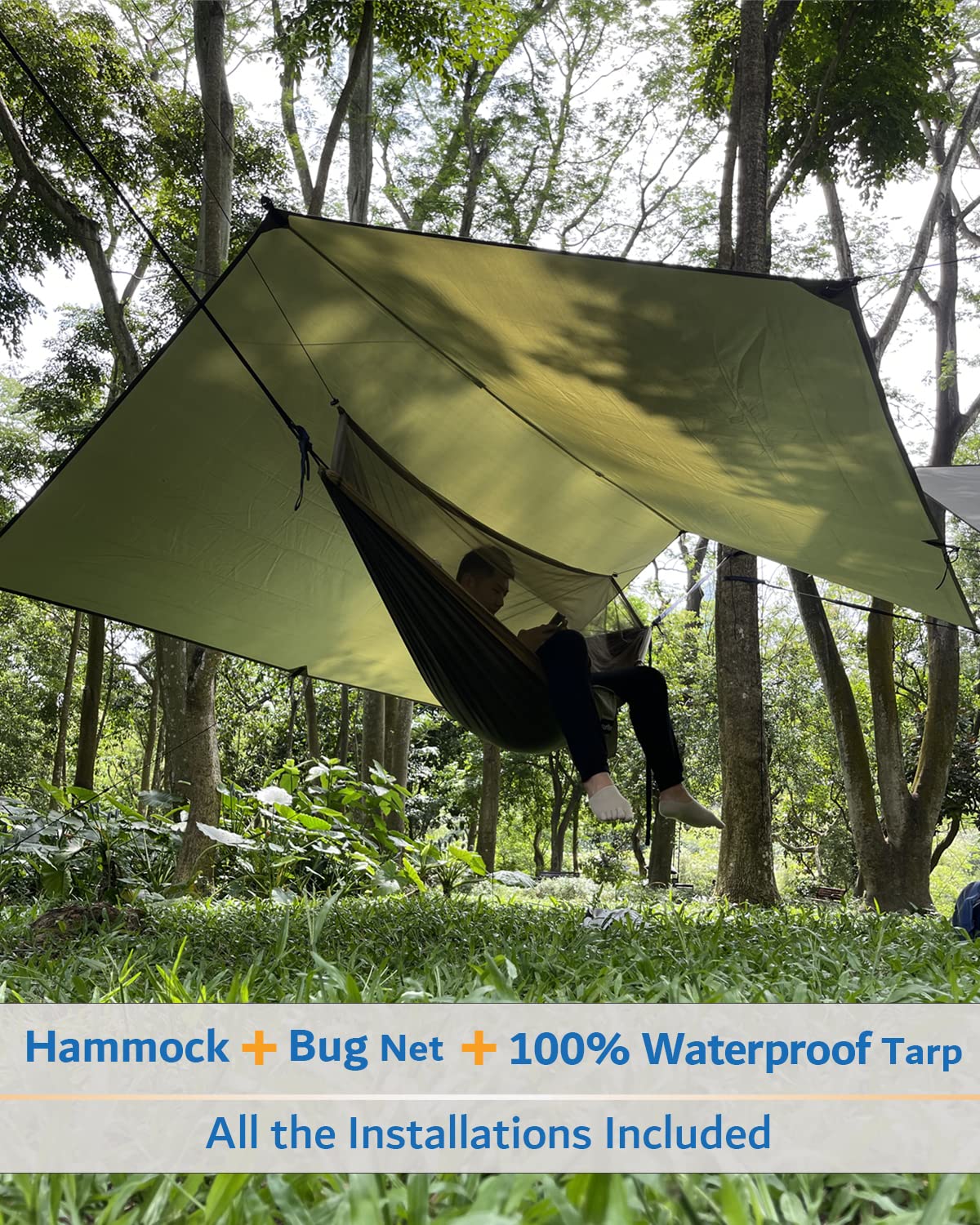 Sunyear Hammock Camping with Rain Fly Tarp and Net, Portable Camping Hammock Double Tree Hammock Outdoor Indoor Backpacking Travel & Survival, 2 Tree Straps,100% Waterproof Green Bundle Sunyear