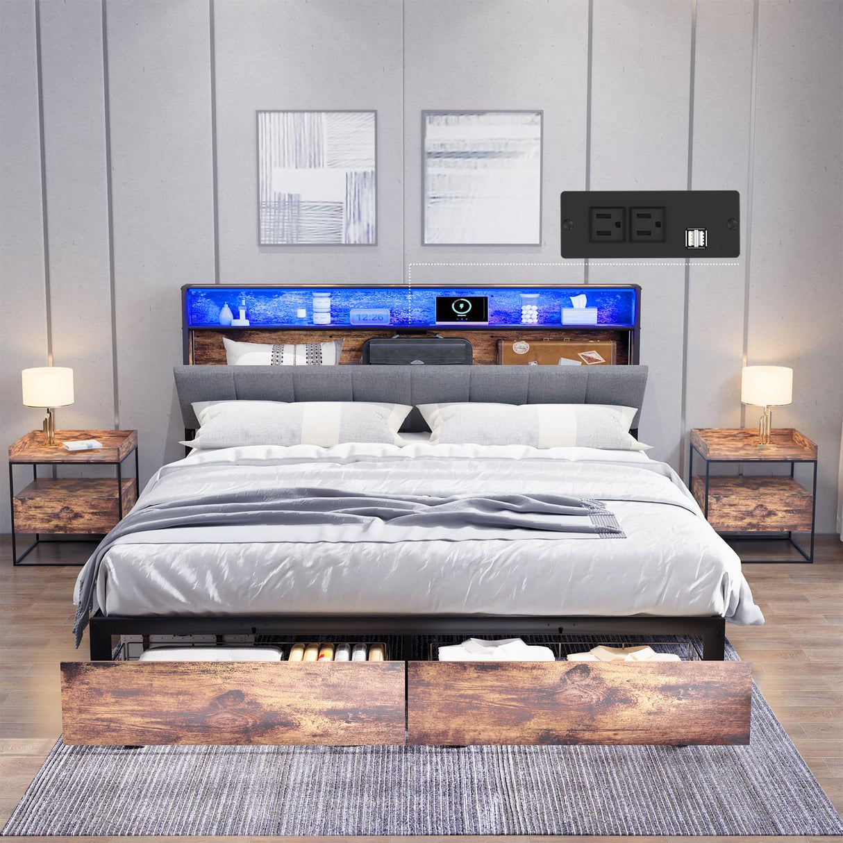 Meitewei Queen Bed Frame with Hidden Storage Headboard and 2 Drawers, LED Bed Frame with Charging Station, Metal Platform Bed Frame, No Box Spring Needed, Vintage Brown Meitewei