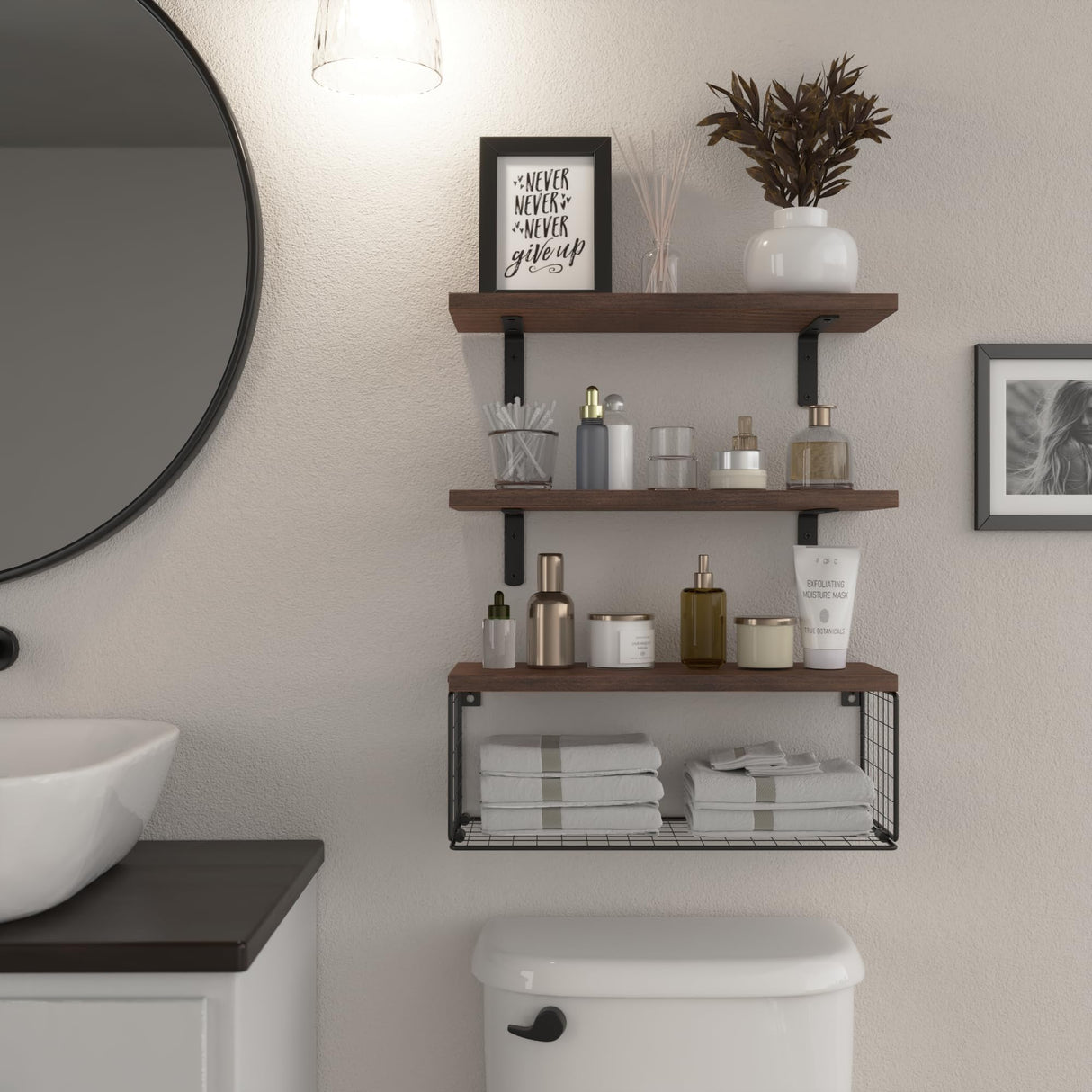 WOPITUES Bathroom Shelf Over Toilet, Floating Bathroom Shelf Wall Mounted with Wire Basket, Floating Shelf for Wall Décor-Rustic Brown WOPITUES