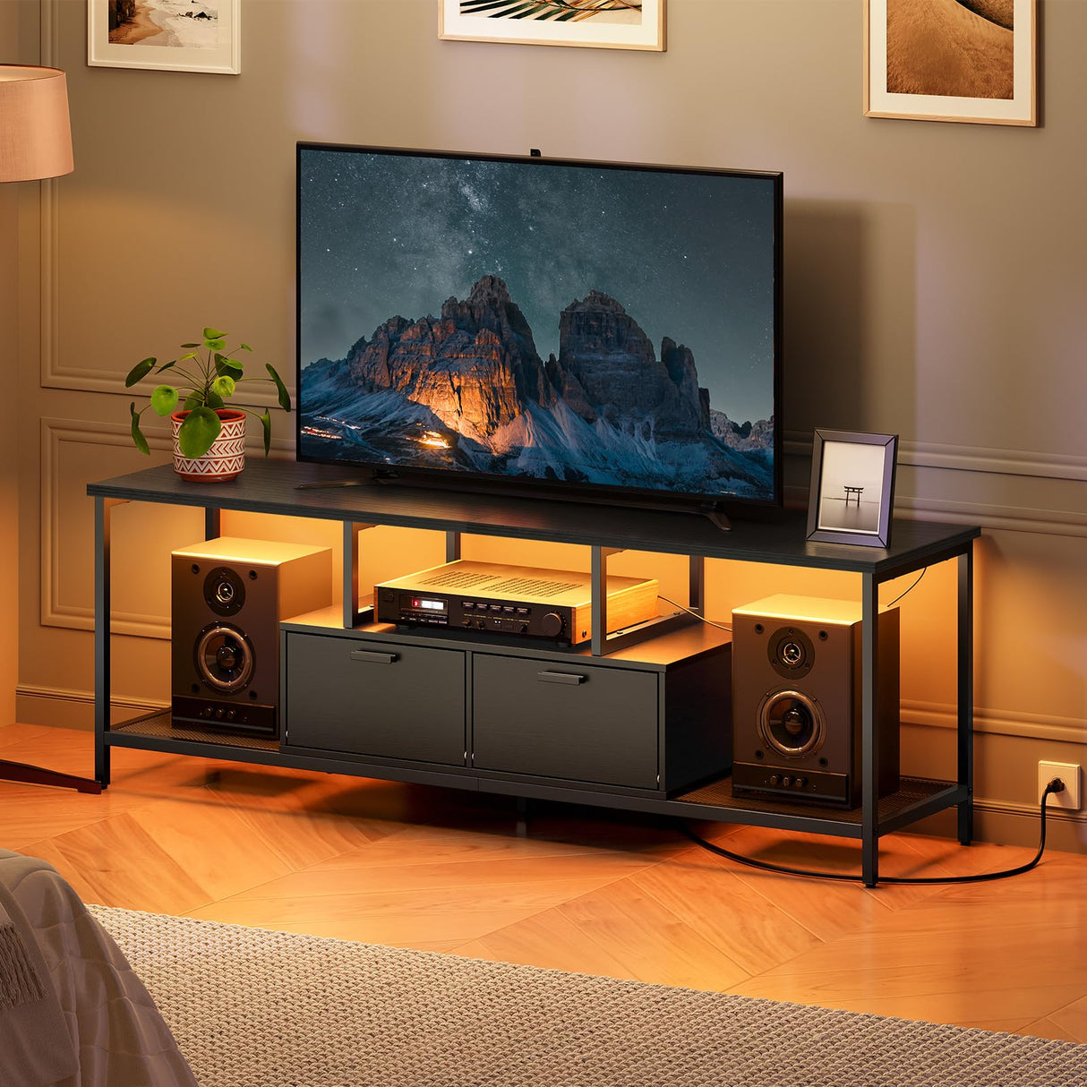 HOOBRO TV Stand with LED Light and Power Outlets for TVs up to 65 Inch, TV Media Console with Double-Door Cabinet, Gaming Entertainment Center for Living Room Bedroom, Black BB48UDDS01 HOOBRO