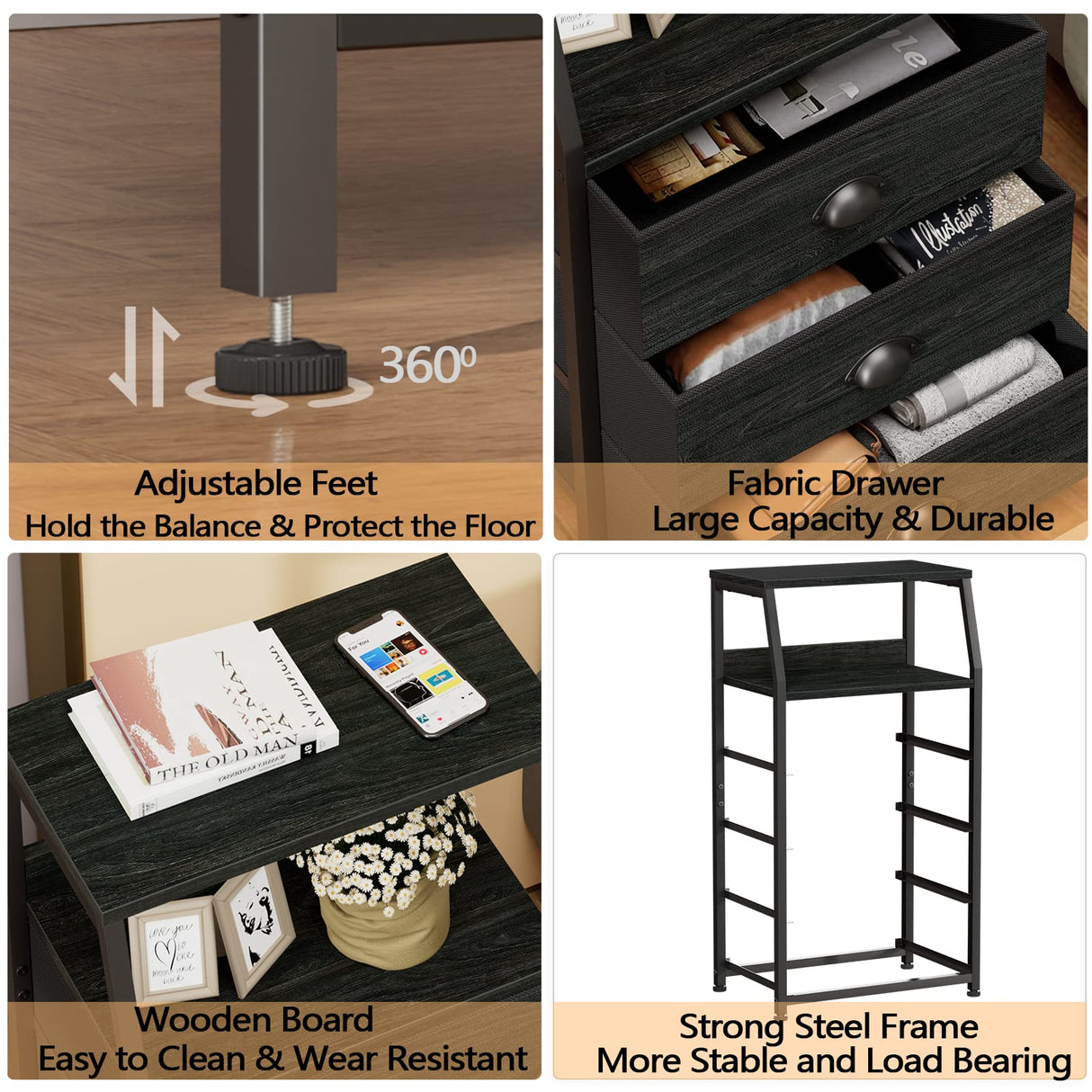 Furnulem Tall 4 Drawers Dresser, Vertical Storage Tower Black Dresser for Bedroom, Hallway, Entryway, Nursery, Closet Organizer, Nightstand Bedside Table Furniture, Sturdy Steel Frame, Wood Top Furnulem